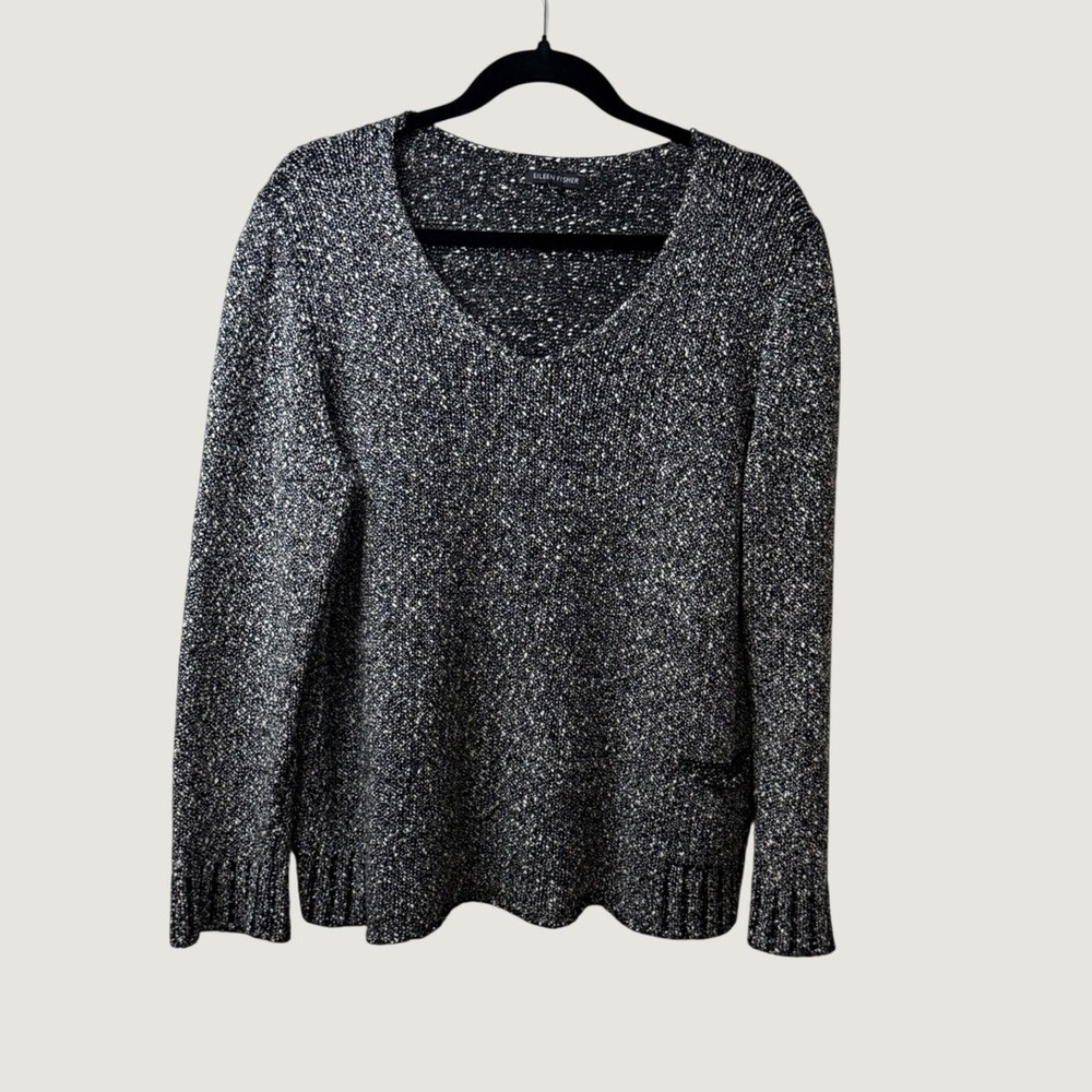 Eileen Fisher V-Neck Sweater Black White Marled Cotton Large Fall Layering FLAW